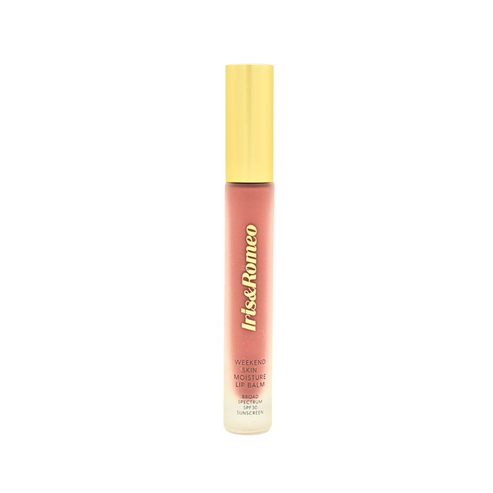 IRIS&ROMEO lip balm SPF30 packaging showing portable, daily sun defense in a compact tube.
