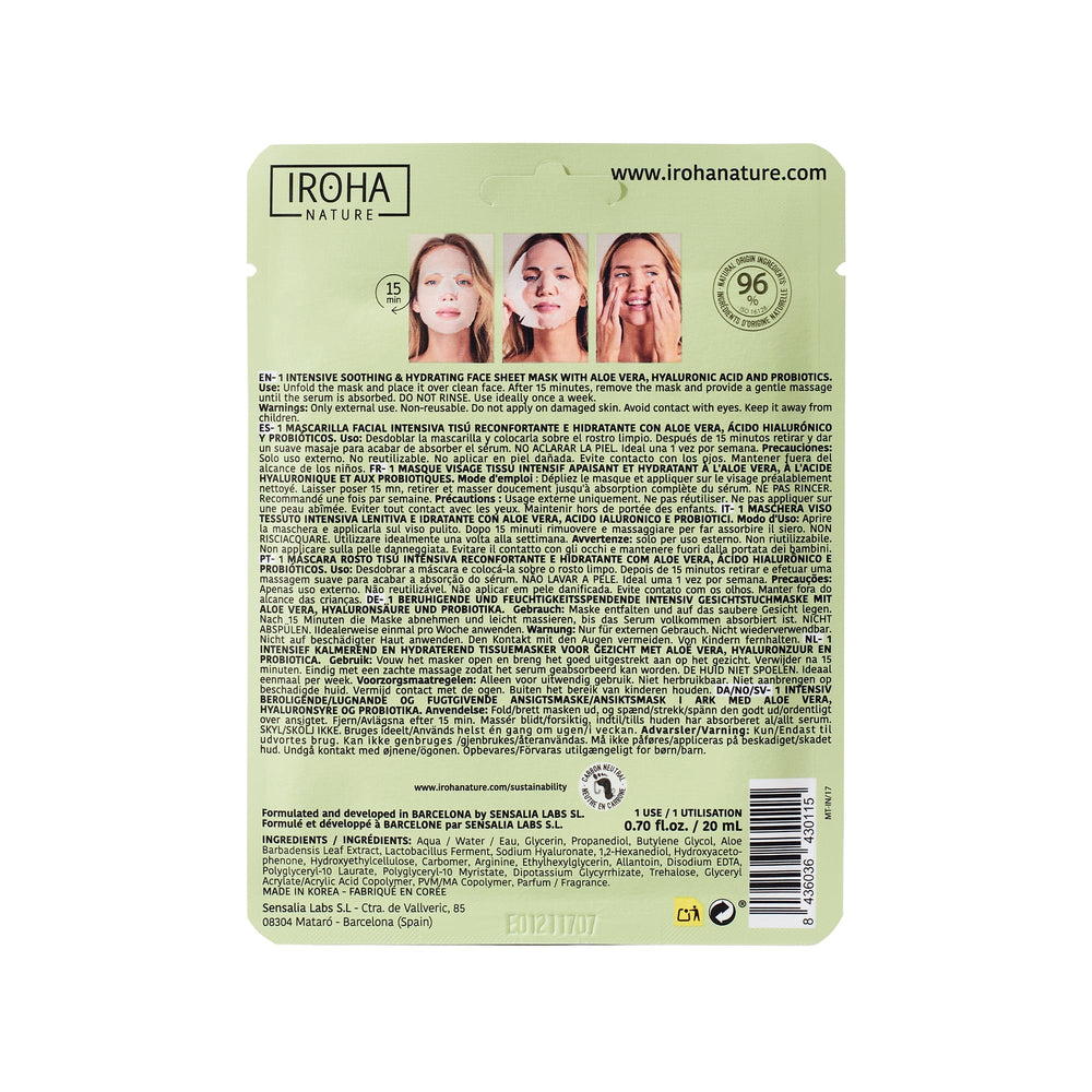 IROHA NATURE Aloe Vera mask applied on face for cooling moisture