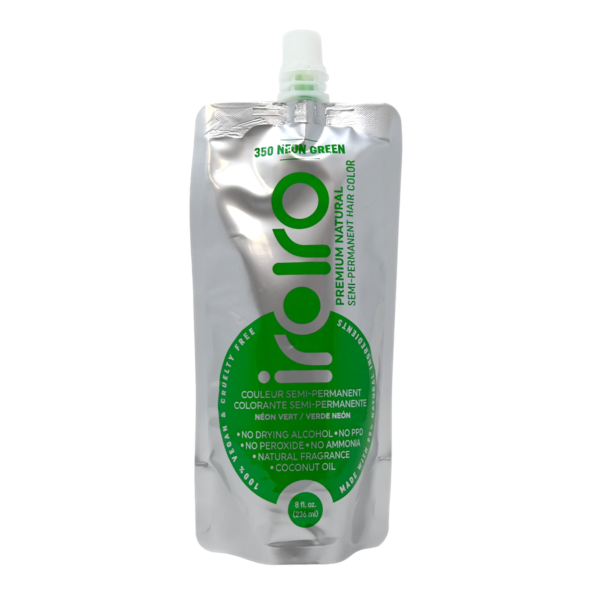 IROIRO neon green hair color 8oz pouch ready for vibrant, lasting results.