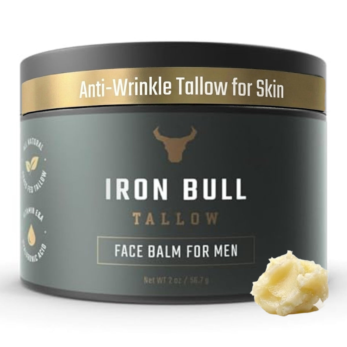 Iron Bull Tallow face moisturizer jar displaying creamy, hydrating texture for hydrated skin.