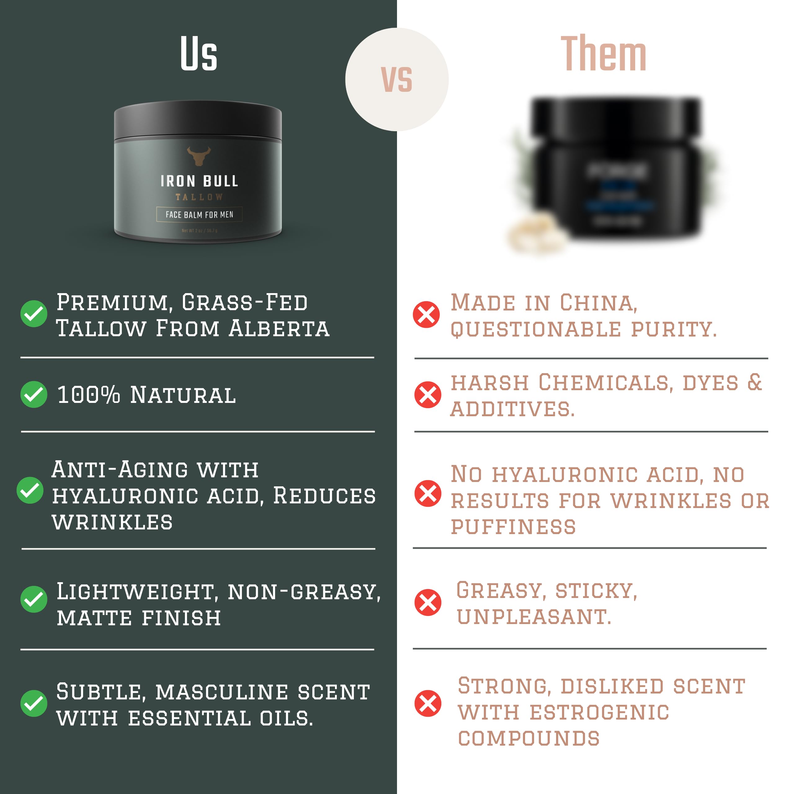 Iron Bull Tallow bottle highlights vitamin-rich ingredients for healthier-looking skin.