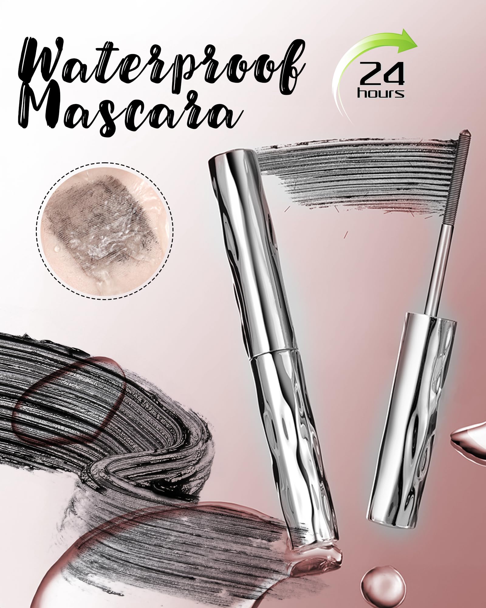 Iron Wand Mascara showing boost in volume and length for bold lashes.