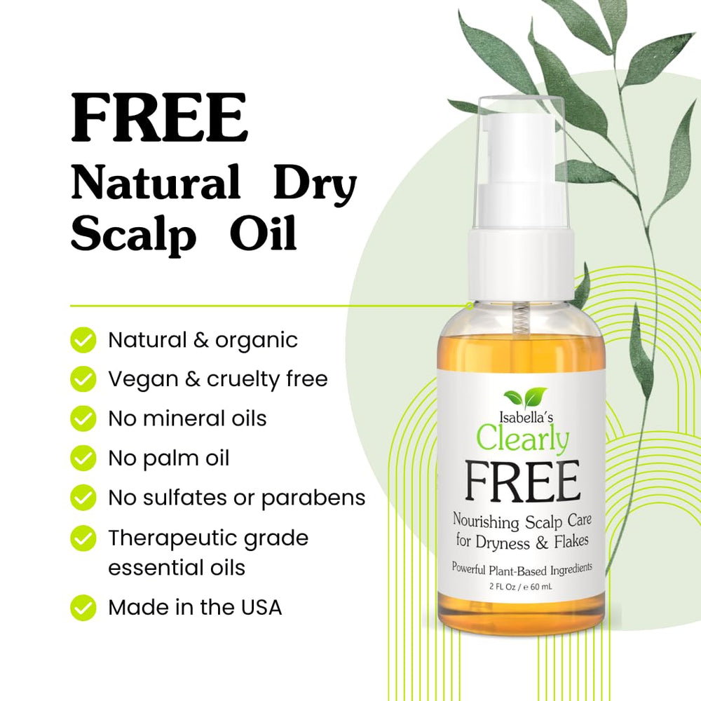 Isabella's Clearly FREE bottle closeup highlights a nourishing jojoba-based formula for dry scalps