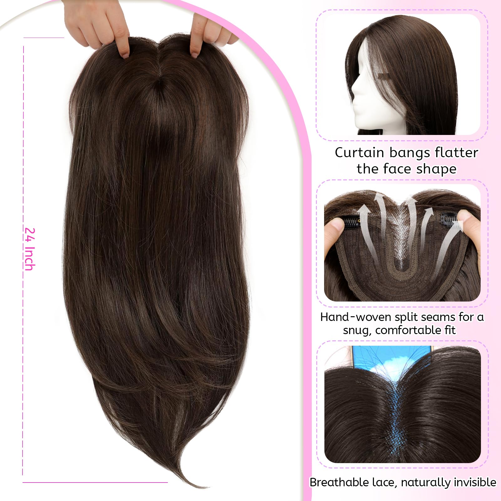 Isaic dark brown clip-in topper with anti-slip clips for lasting hold.