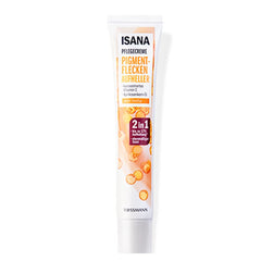 Isana Pigment Spots 2-in-1 serum bottle demonstrates lightweight brightening formula.