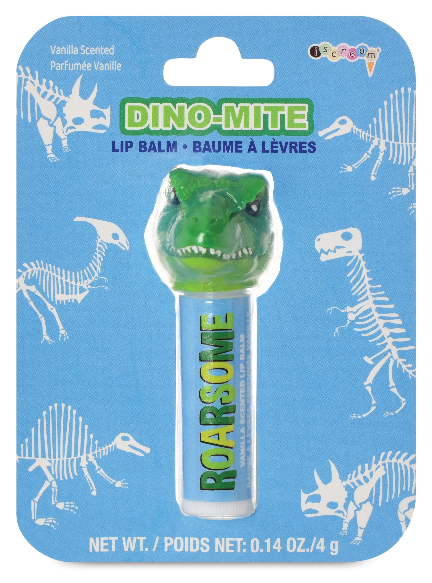 Iscream Dino-Mite lip balm with dinosaur head cap for portable moisture