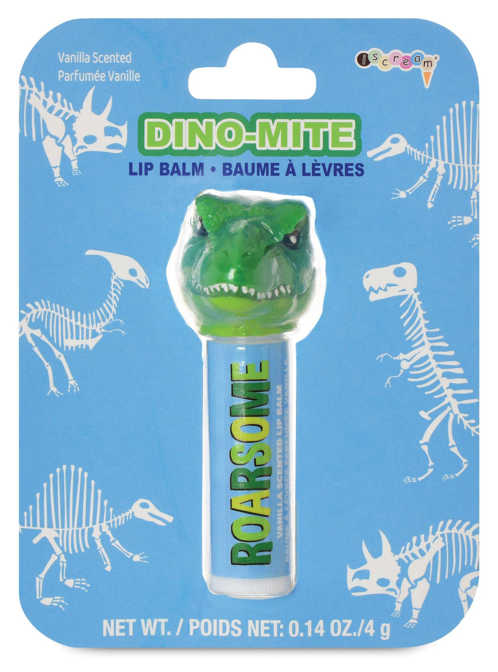 Iscream Dino-Mite lip balm with dinosaur head cap for portable moisture