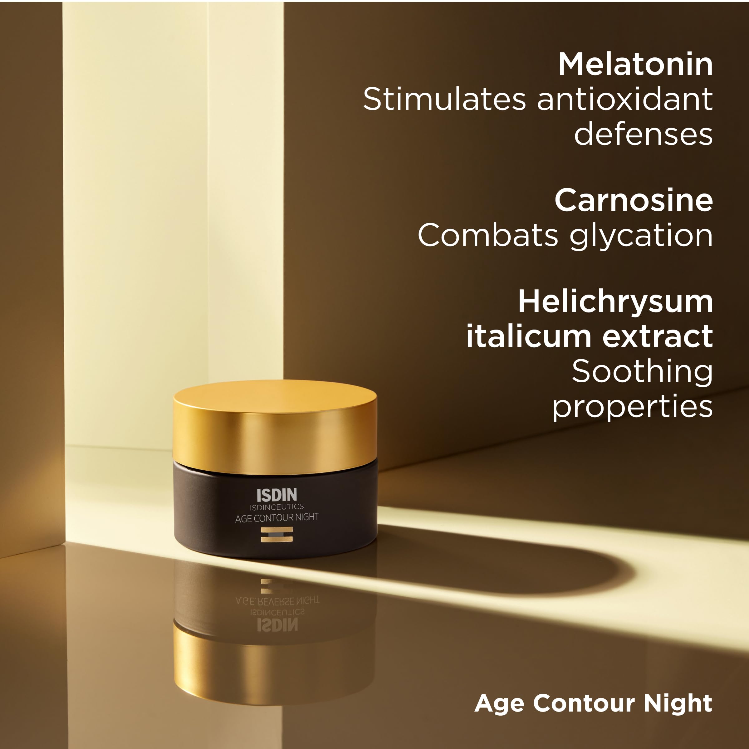 ISDIN Age Contour Night Cream calming plant extracts support even skin tone.