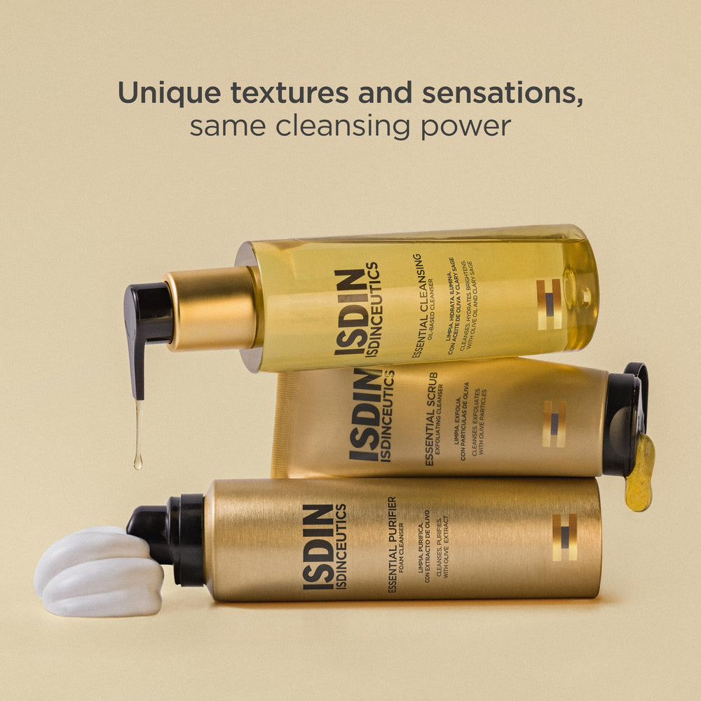 ISDIN Essential Scrub features Mediterranean olive seeds for gentle, natural exfoliation.