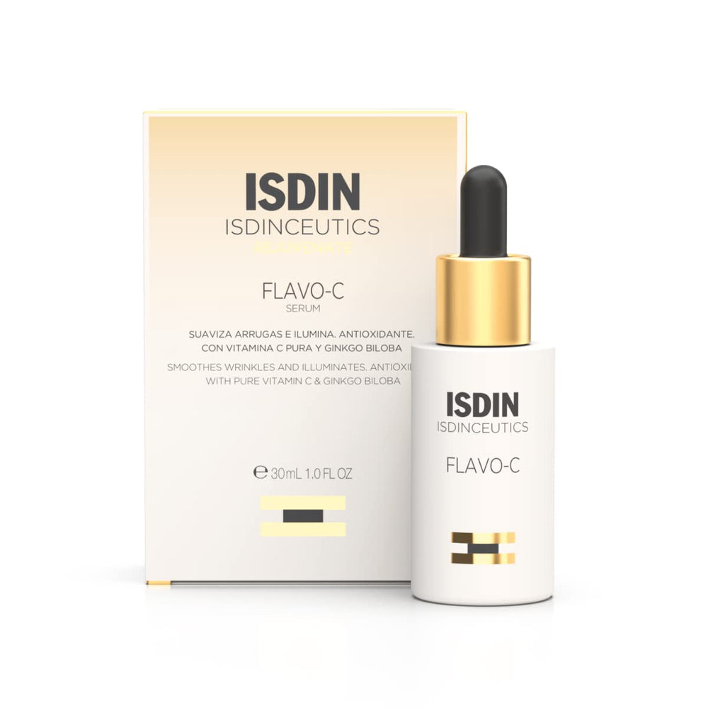 ISDIN Flavo-C Brightening Serum bottle shows radiant skin potential.
