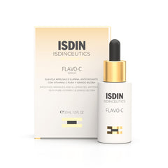ISDIN Flavo-C Brightening Serum bottle shows radiant skin potential.