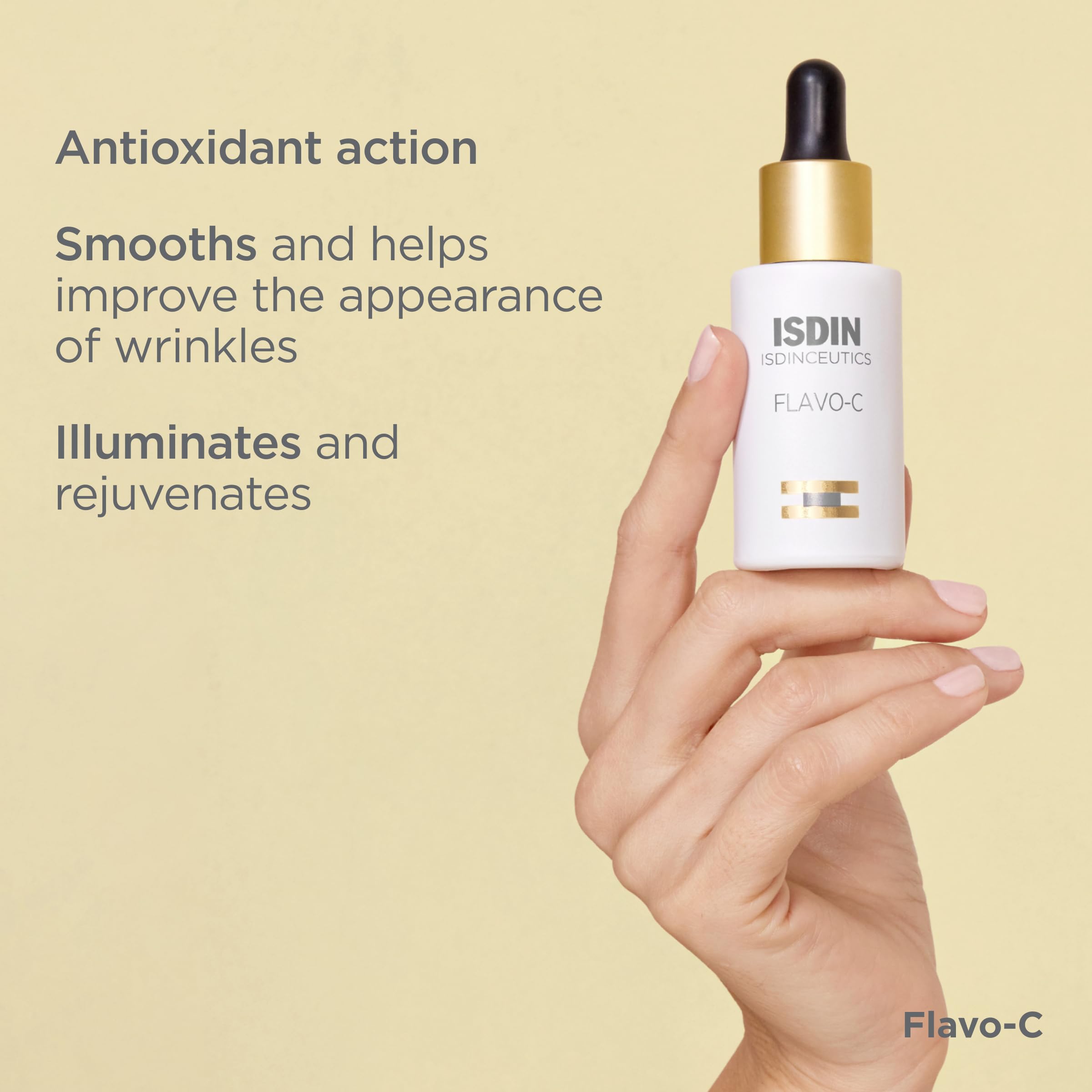 ISDIN Flavo-C serum in hand ready for daily use.