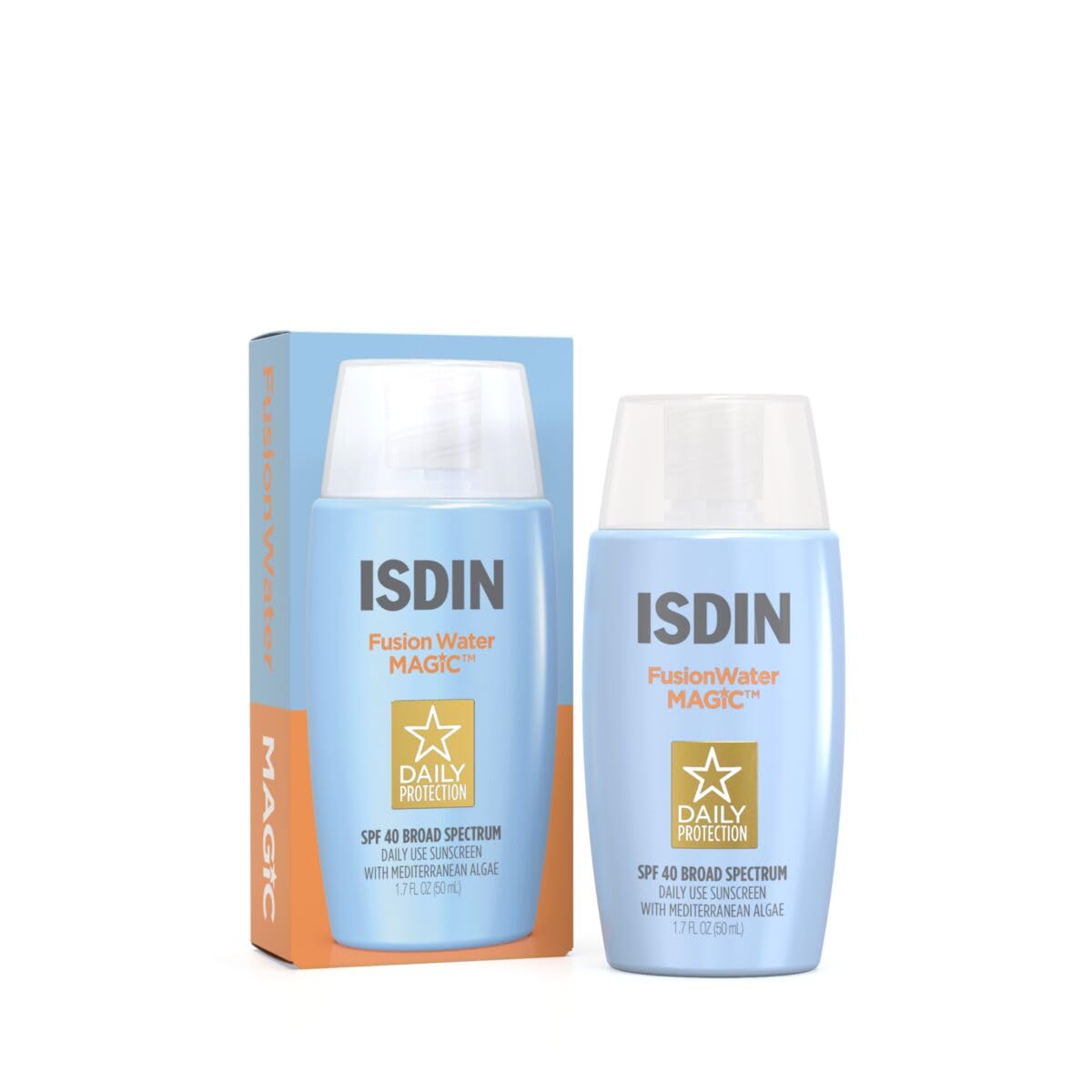 ISDIN Fusion Water MAGIC bottle showcasing ultralight sunscreen for daily use