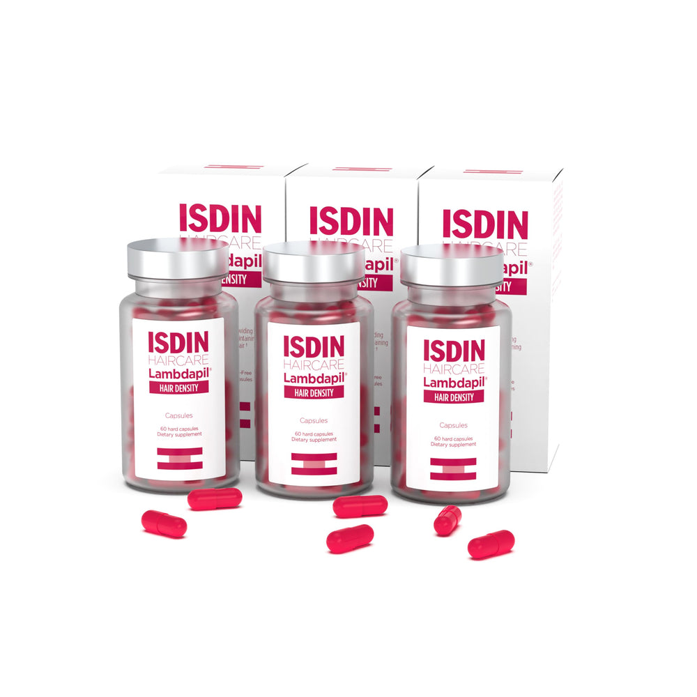 ISDIN Lambdapil capsules bottle front for potential hair density support.