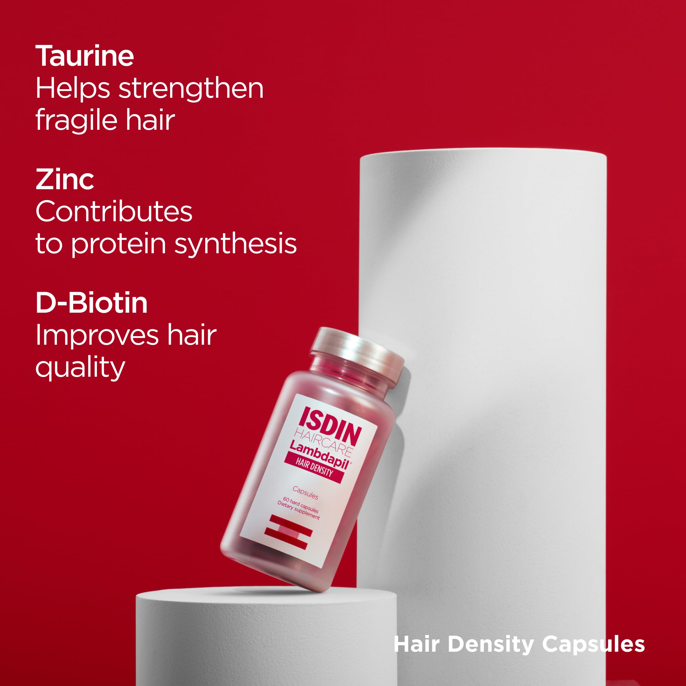 ISDIN Lambdapil ingredients panel hints taurine, zinc, and biotin for roots.