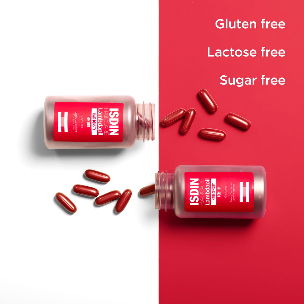 ISDIN Lambdapil packaging shows gluten-free, lactose-free, sugar-free formulation.