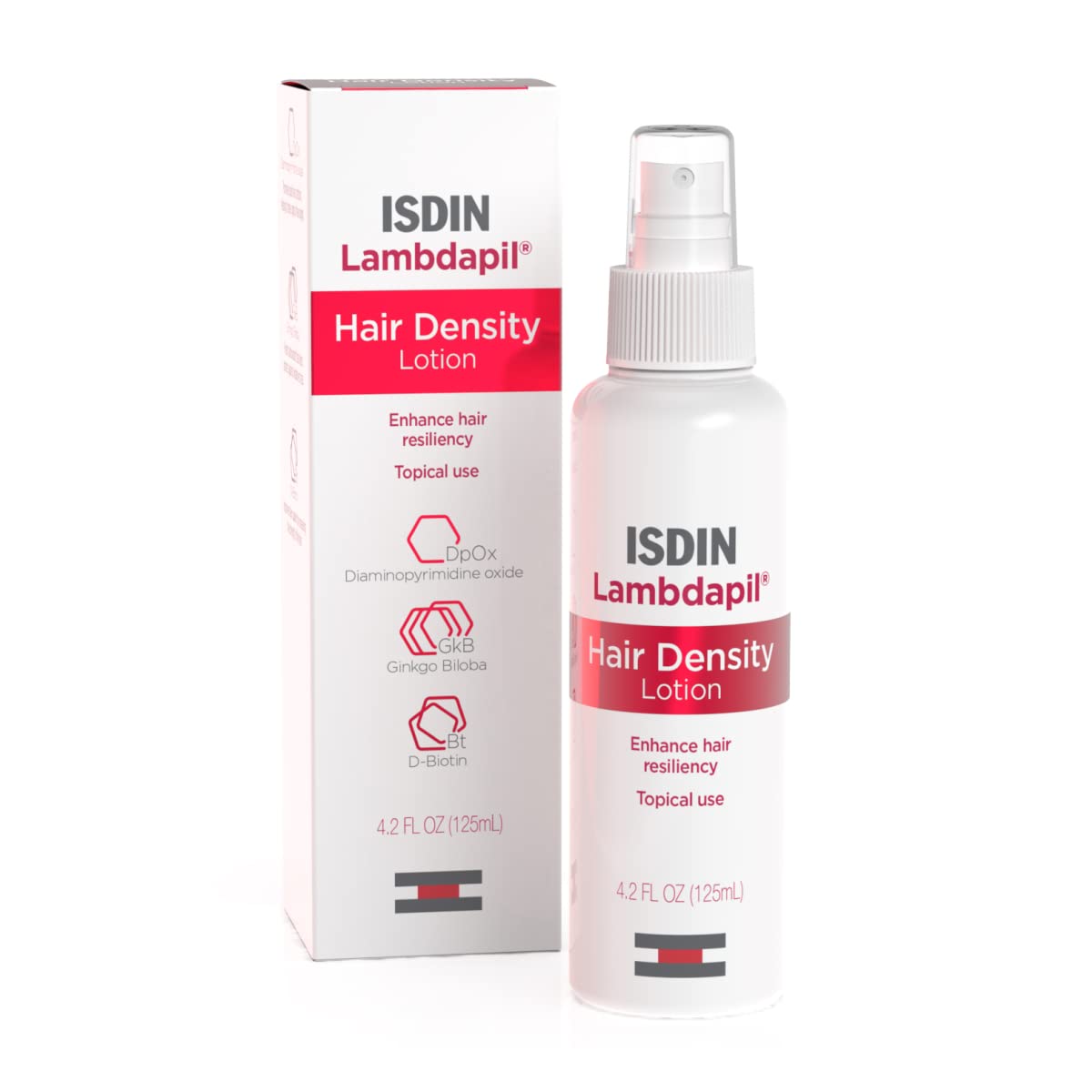 ISDIN Lambdapil Hair Lotion bottle shown with premium packaging for thinning hair care