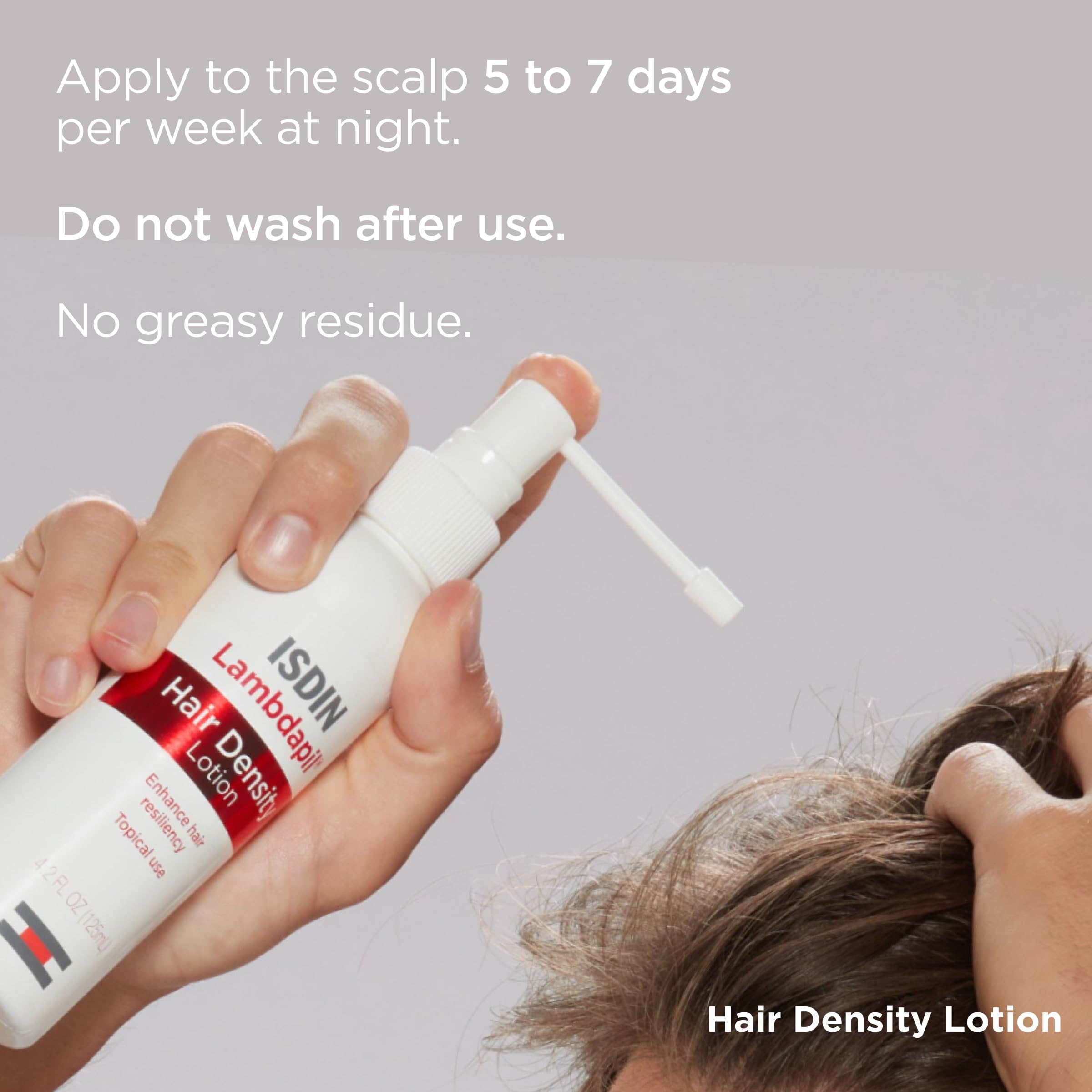 ISDIN Lambdapil Hair Lotion ingredients graphic illustrates Diaminopyrimidine oxide and Ginkgo biloba