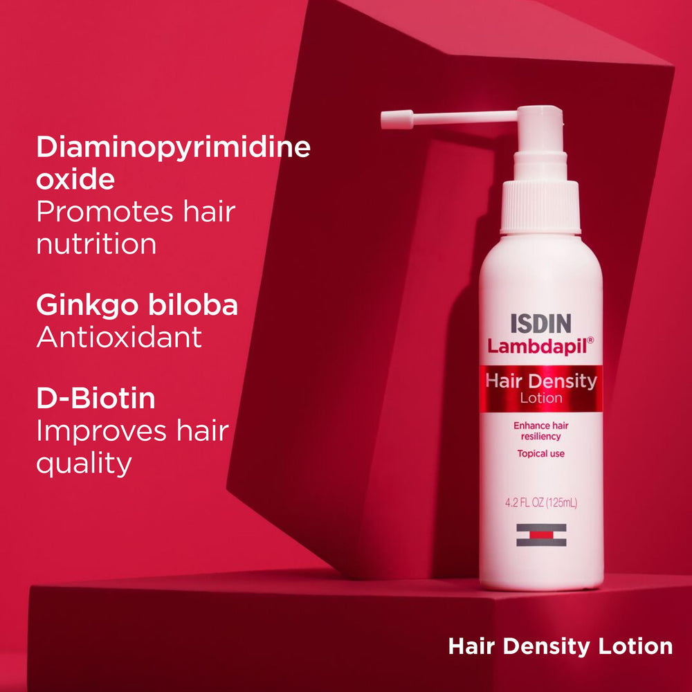 ISDIN Lambdapil Hair Lotion label highlights key ingredients for informed use