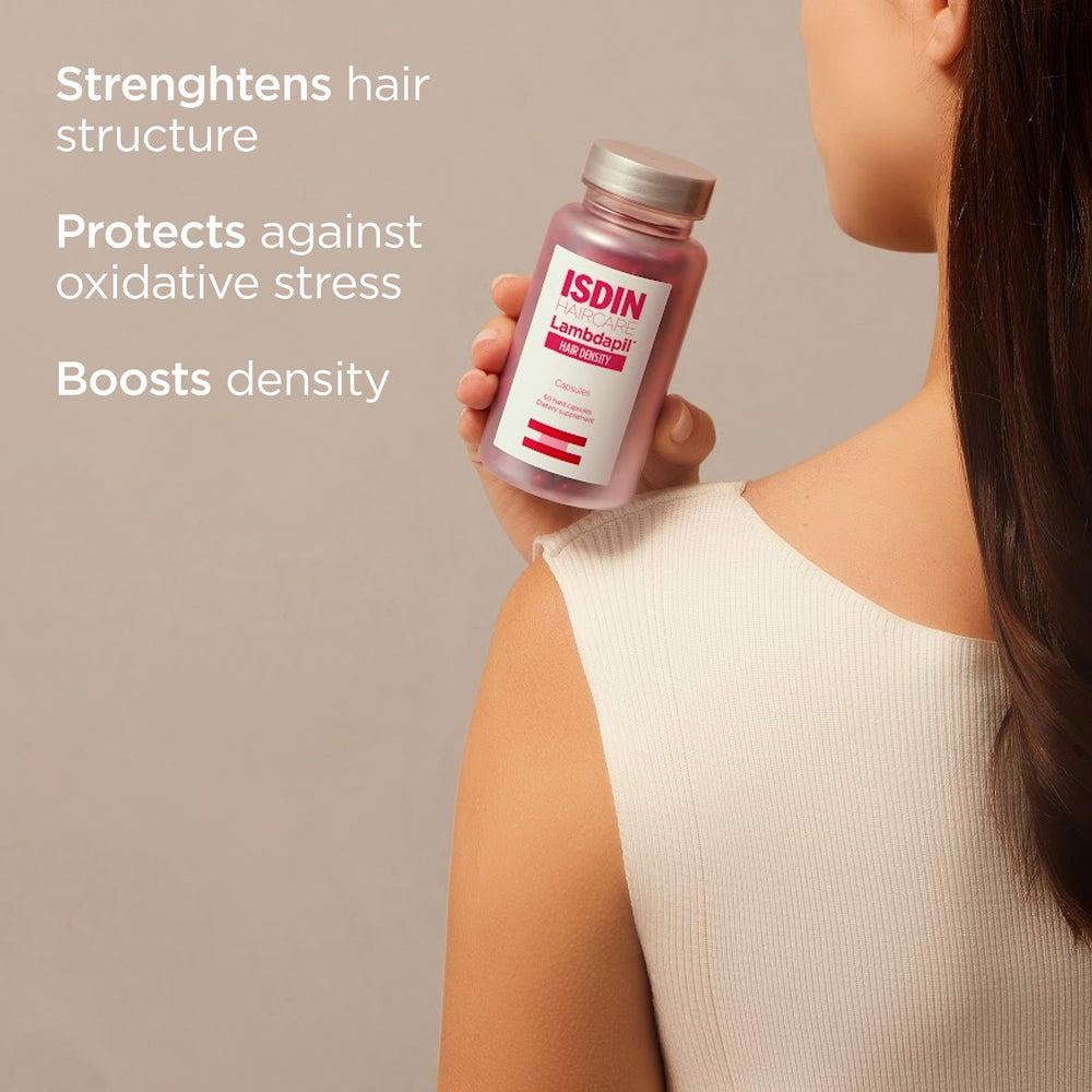 ISDIN Lambdapil packaging front showcasing product benefits and European origin