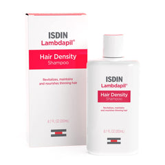 ISDIN Lambdapil shampoo bottle closeup highlighting hair density formula for thinning hair