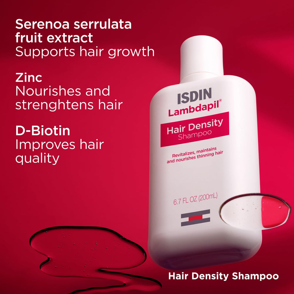 ISDIN Lambdapil shampoo ingredients zinc biotin Serenoa serrulata closeup