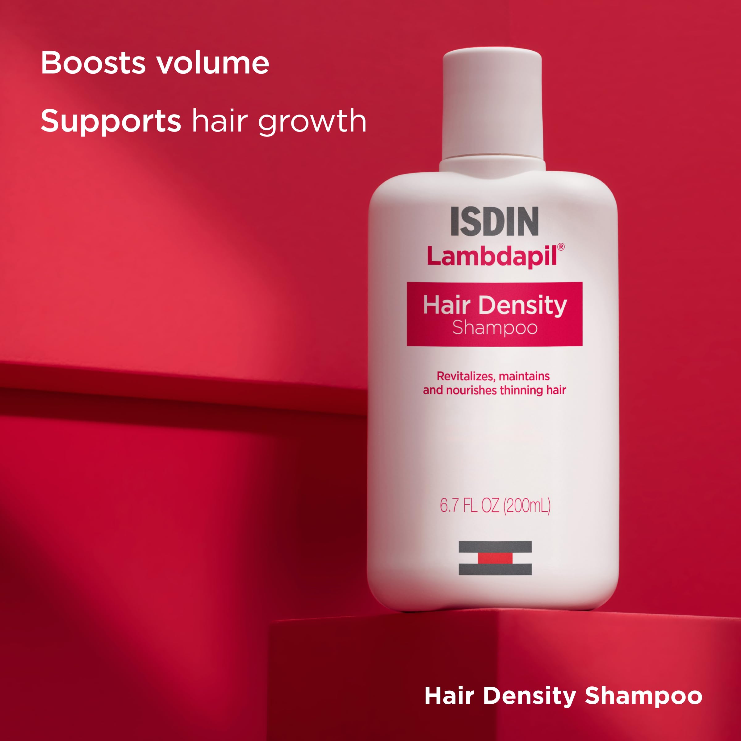 ISDIN Lambdapil shampoo packaging flatlay emphasizing product design