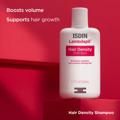 ISDIN Lambdapil shampoo packaging flatlay emphasizing product design
