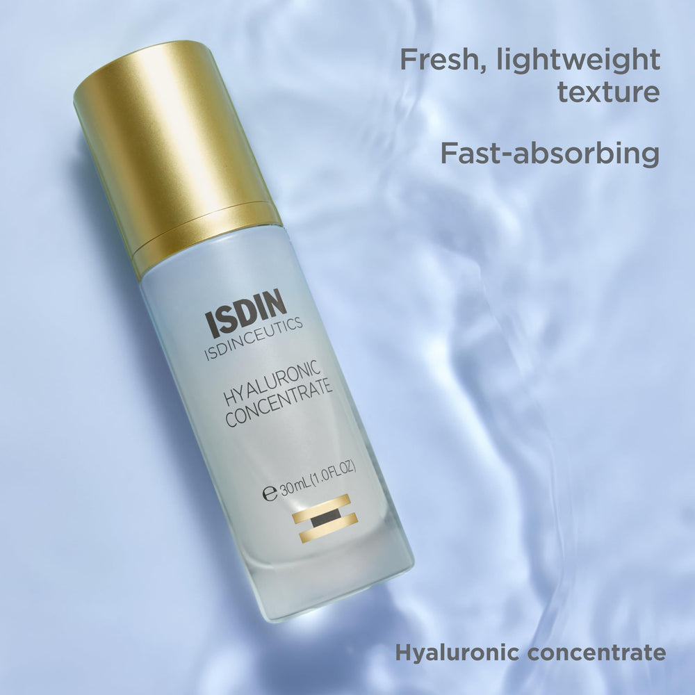 ISDIN Isdinceutics Hyaluronic Concentrate applying to skin for a plump, dewy look.