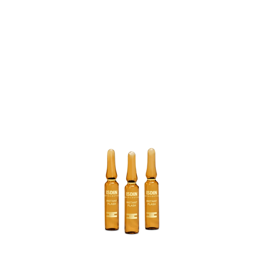 ISDIN Isdinceutics Instant Flash Serum bottle showing premium packaging and a firming impression