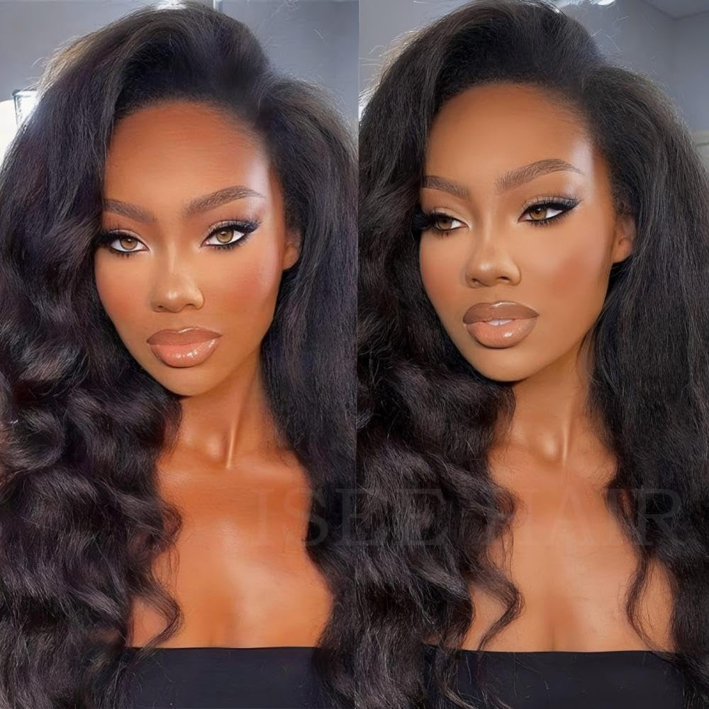 ISEE 3-in-1 half wig with kinky straight texture and glueless cap for easy wear.