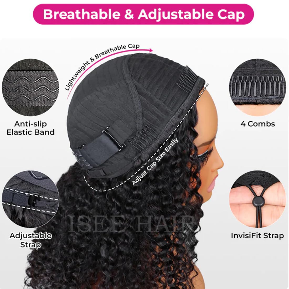 ISEE breathable cap with four combs for secure styling