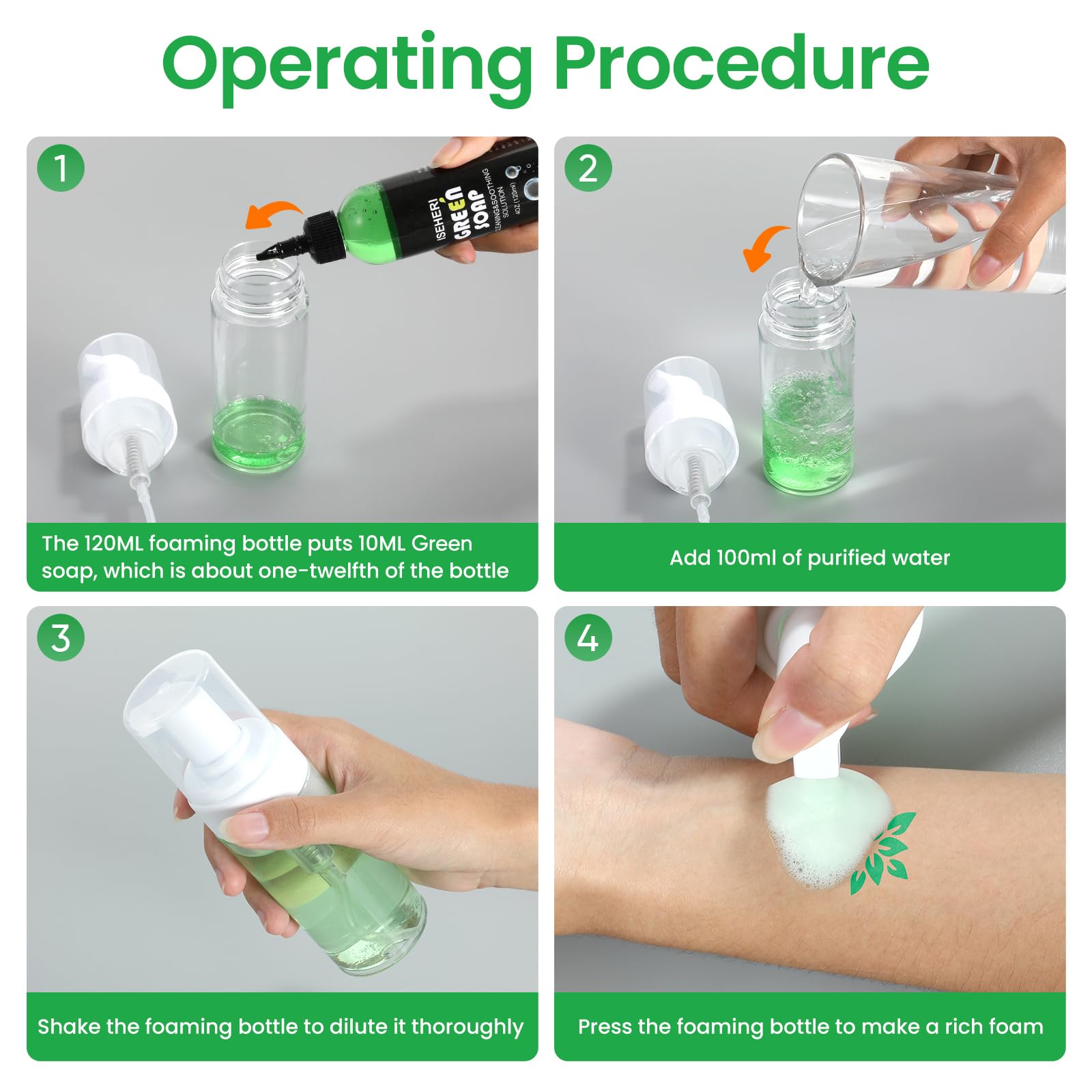 iseheri green soap bottle with label demonstrates travel-friendly cleanup on the go.