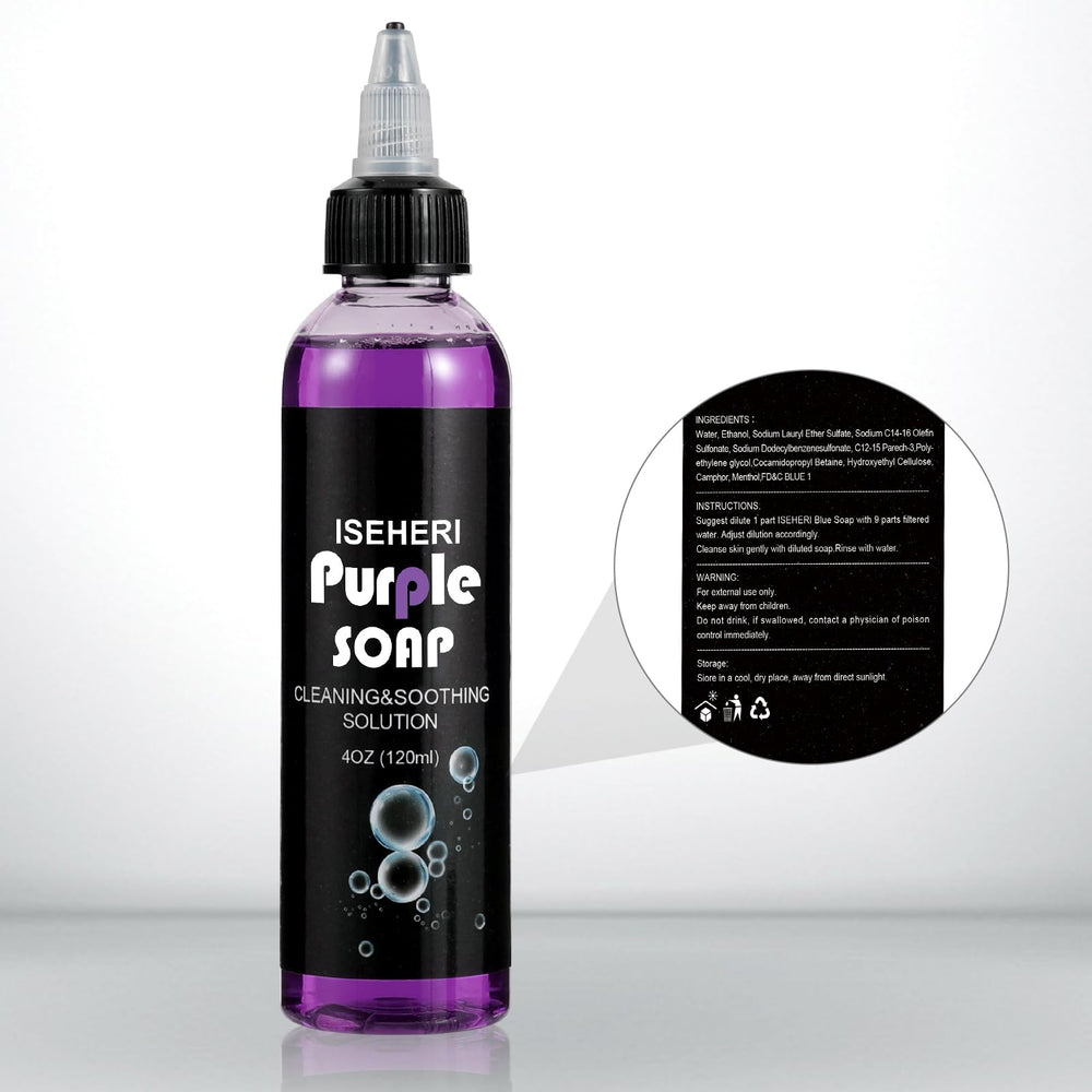 iseheri purple soap being diluted with distilled water for skin prep