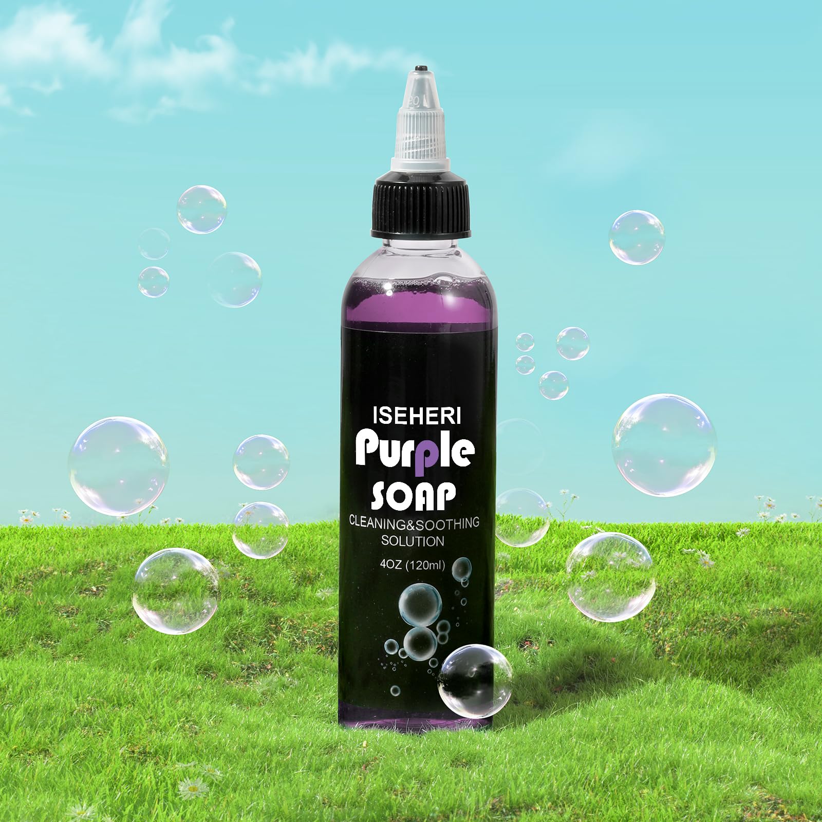 iseheri purple soap kit contents showing dilution and use
