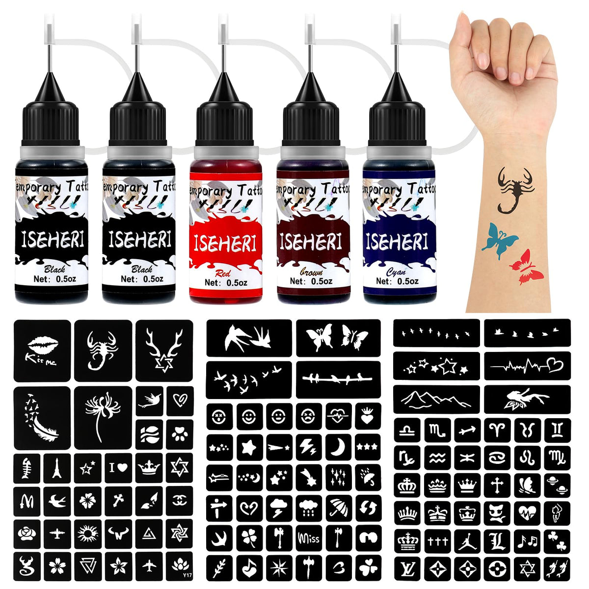 ISEHERI temporary tattoo kit with five ink bottles for DIY body art at home.