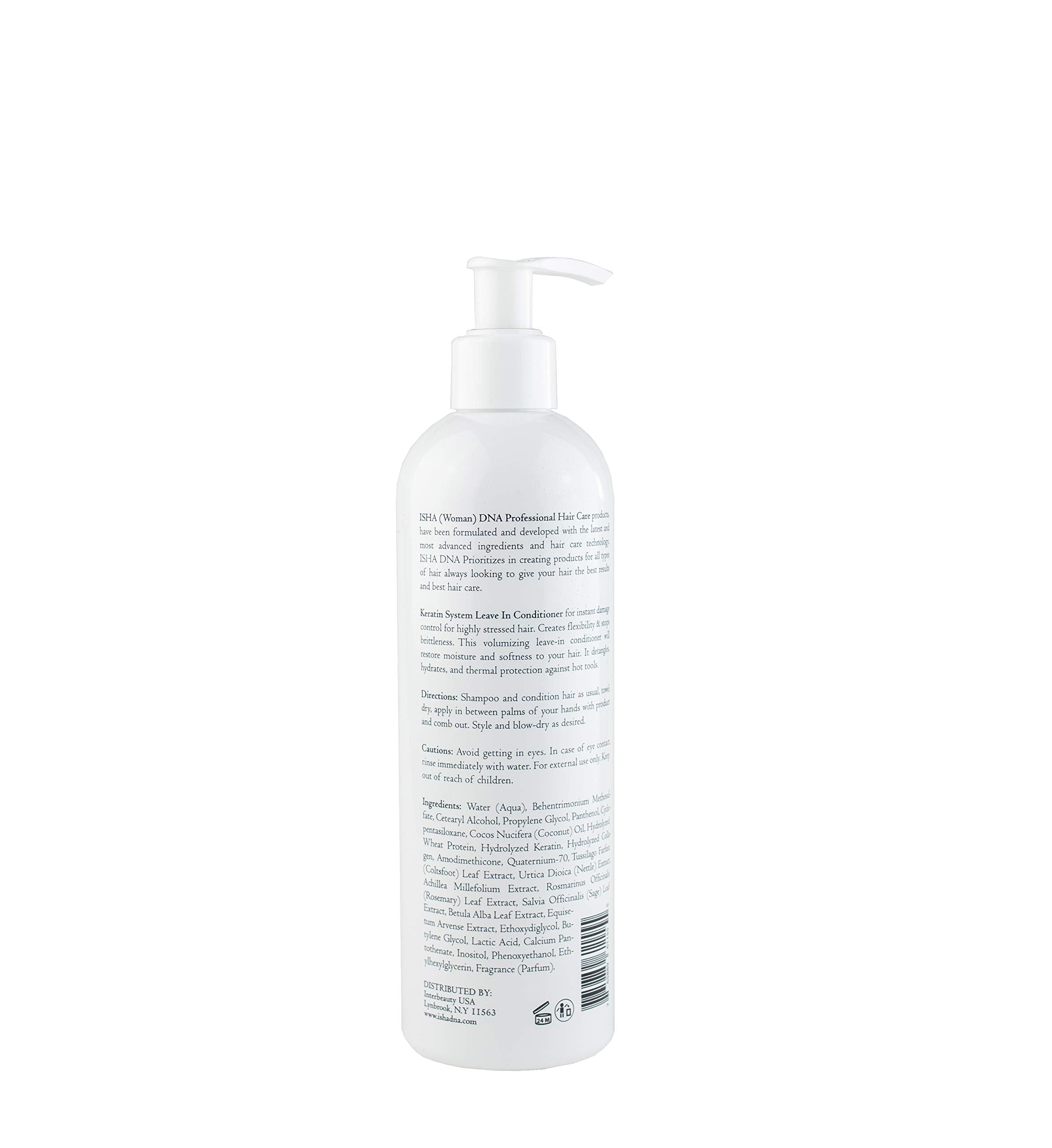 ISHA DNA Keratin Leave-In Conditioner label close-up highlighting ingredients