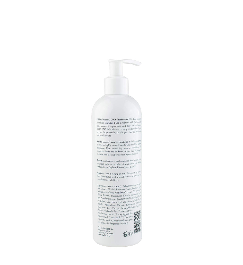 ISHA DNA Keratin Leave-In Conditioner label close-up highlighting ingredients