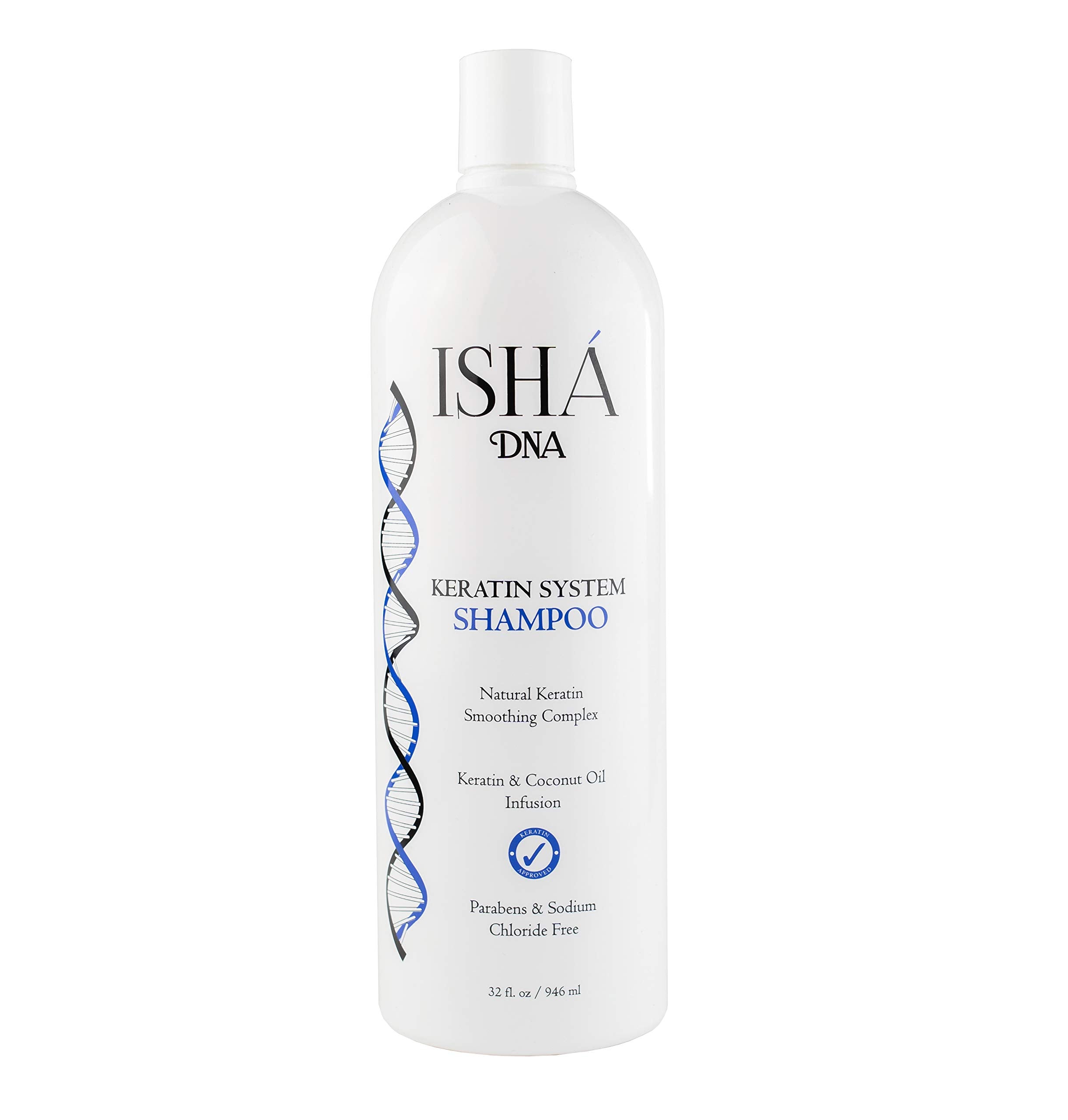 ISHA DNA Keratin System Shampoo bottle with coconut oil for hydration and frizz control