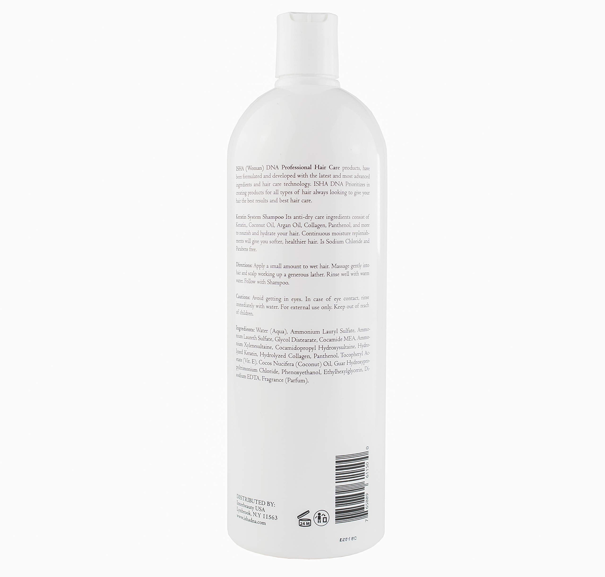 ISHA DNA Keratin System Shampoo label highlights sulfate-free formula for color-safe cleansing