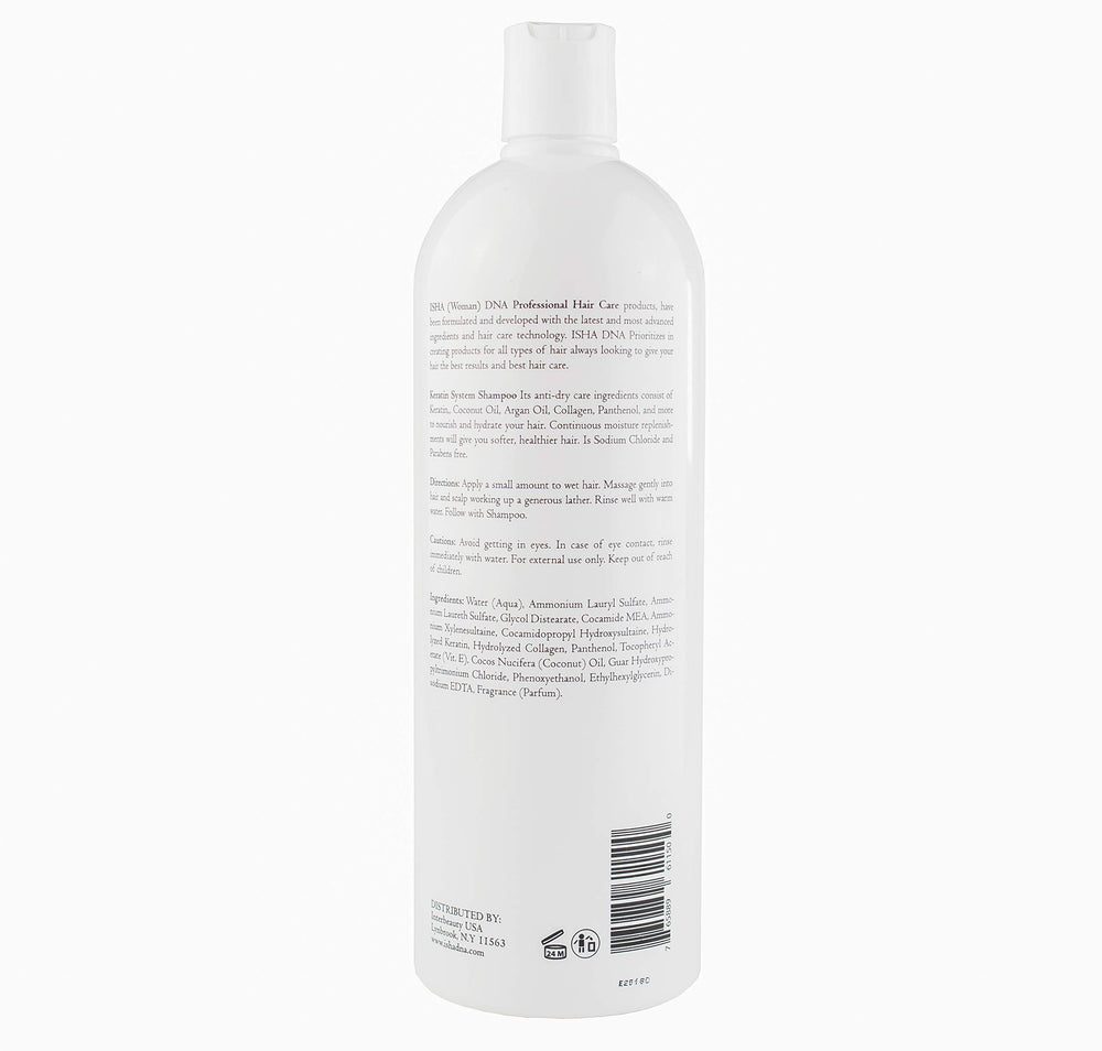 ISHA DNA Keratin System Shampoo label highlights sulfate-free formula for color-safe cleansing