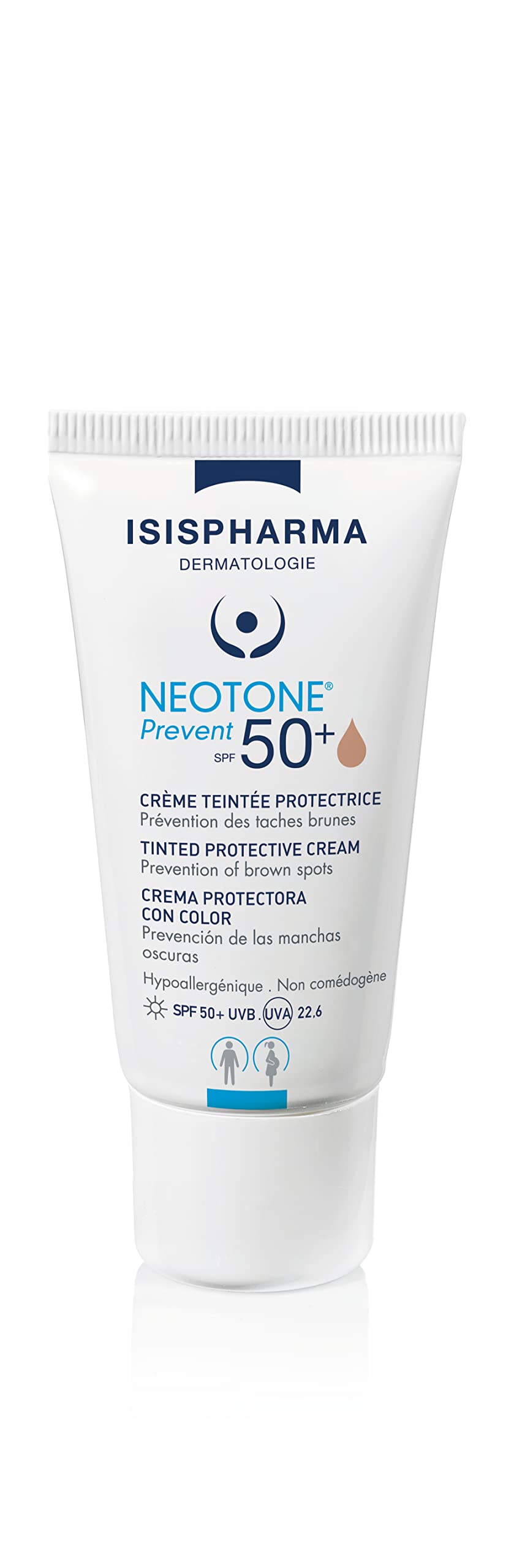 IsisPharma Neotone Prevent SPF 50+ bottle angled for daily sun protection.