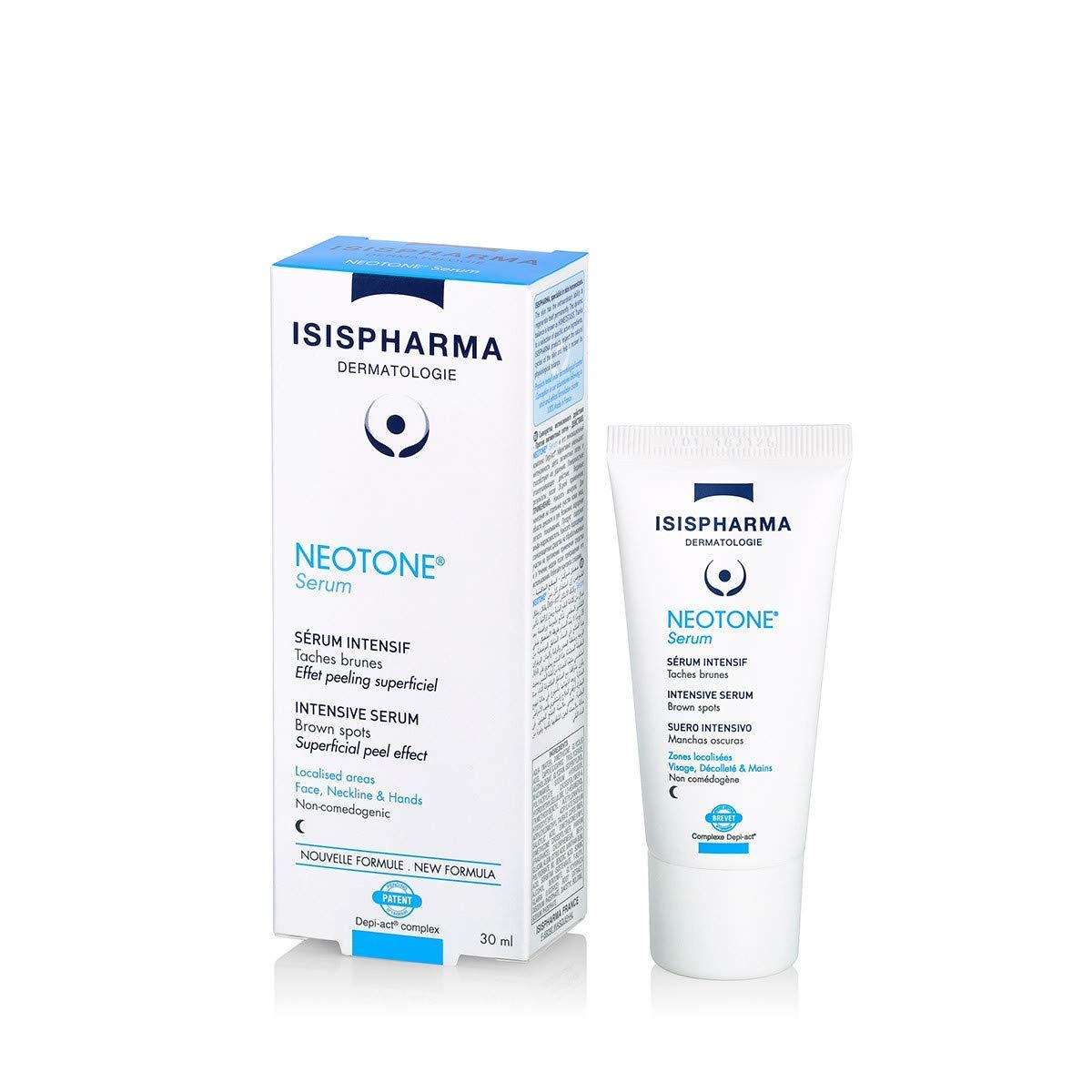 IsisPharma Neotone serum bottle highlights nightly brightening potential for pigmentation spots.
