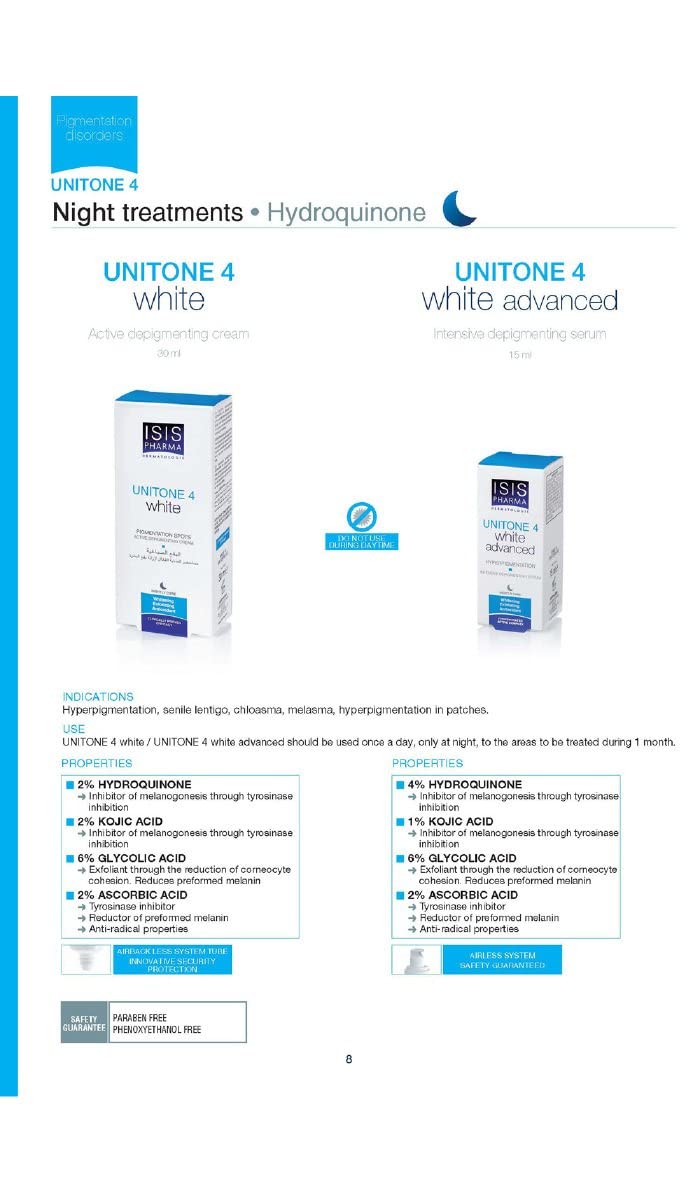 IsisPharma Unitone 4 White Advanced label closeup highlights product details.