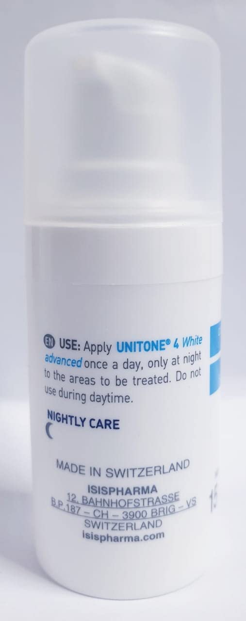 IsisPharma Unitone 4 White Advanced spot closeup signals focus on pigmentation.
