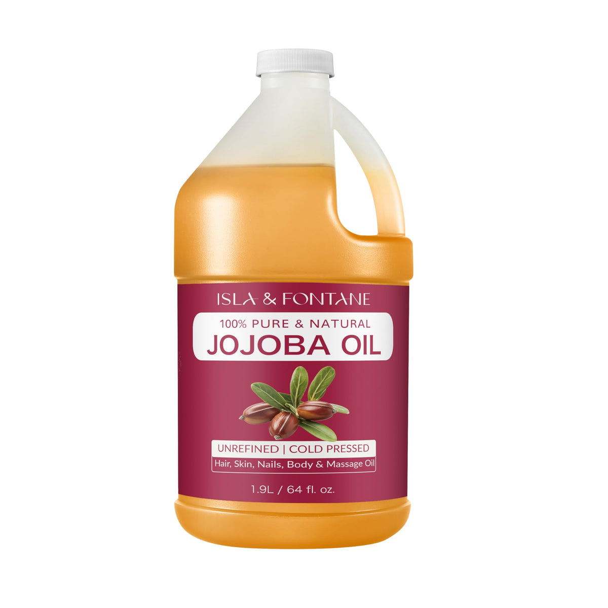 ISLA & FONTANE Jojoba Oil bottle highlights a golden pigment and fast-absorbing hydration.