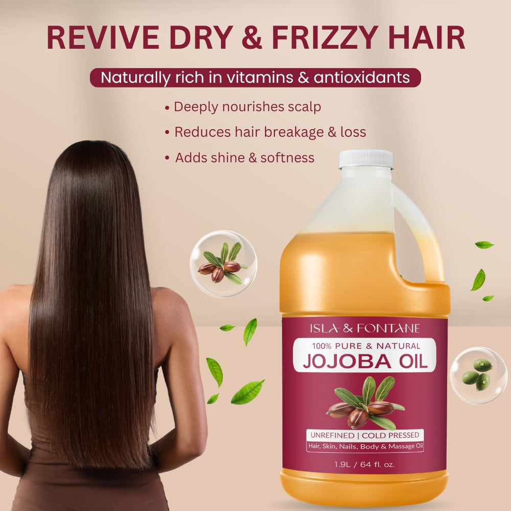 ISLA & FONTANE Jojoba Oil label confirms hexane-free, unrefined formulation.