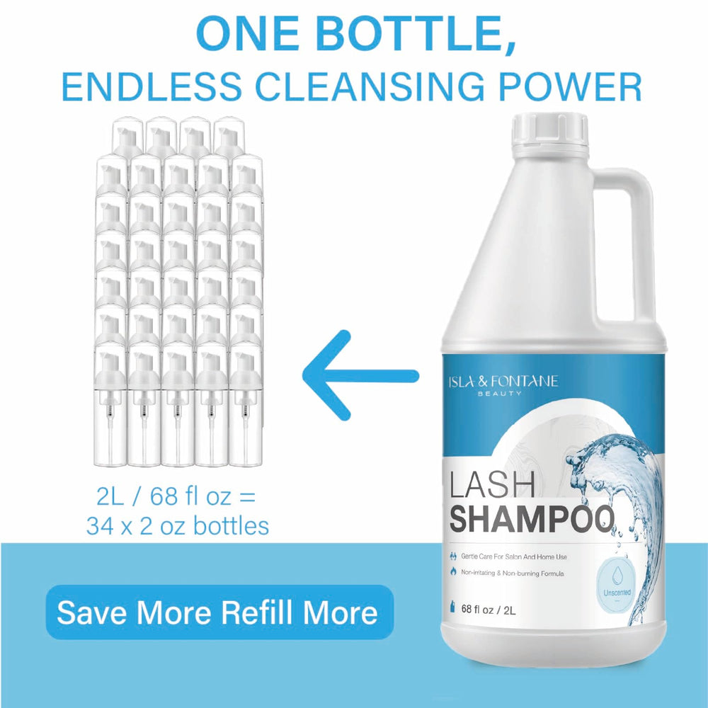 Bottle label view of ISLA & FONTANE Lash Shampoo highlighting premium lash care