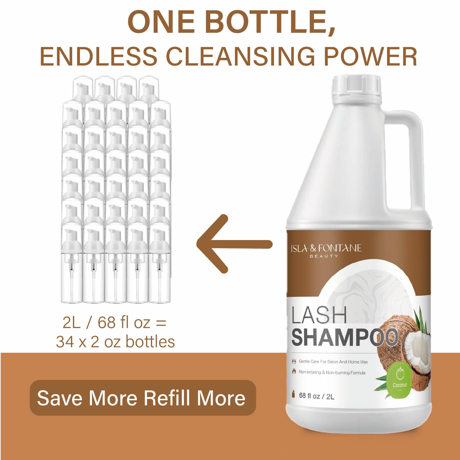 Pump dispenser on Isla and Fontane Lash Shampoo bottle for controlled application.