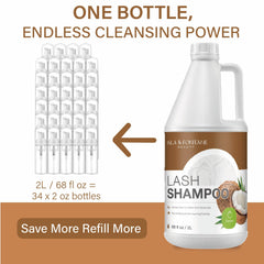 Pump dispenser on Isla and Fontane Lash Shampoo bottle for controlled application.